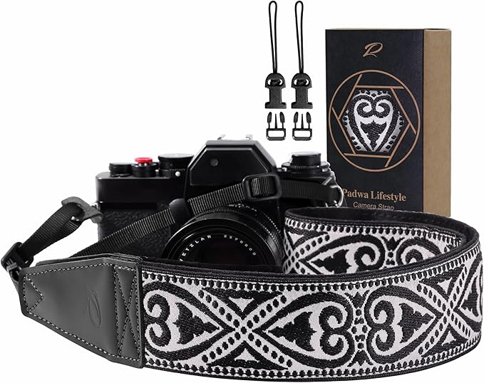 Padwa Lifestyle Camera Strap - 2" Full Grain Leather Ends Camera Straps for Photographers, Vintage Silver Embroidered Cotton Weave Soft Suede Fabric Padded Strap Quick Release fits All Cameras