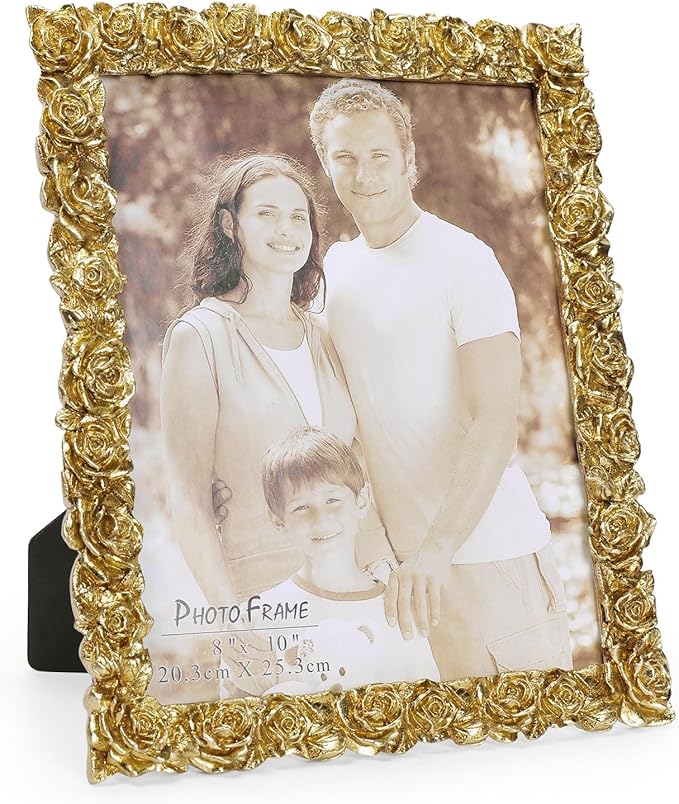 Cuspin 8x10 Picture Frame Vintage, Gold Ornate Rose Flower Resin Photo Frame with Glass Front for Wall Hanging or Tabletop Display, Antique Picture Frames for Home Decor