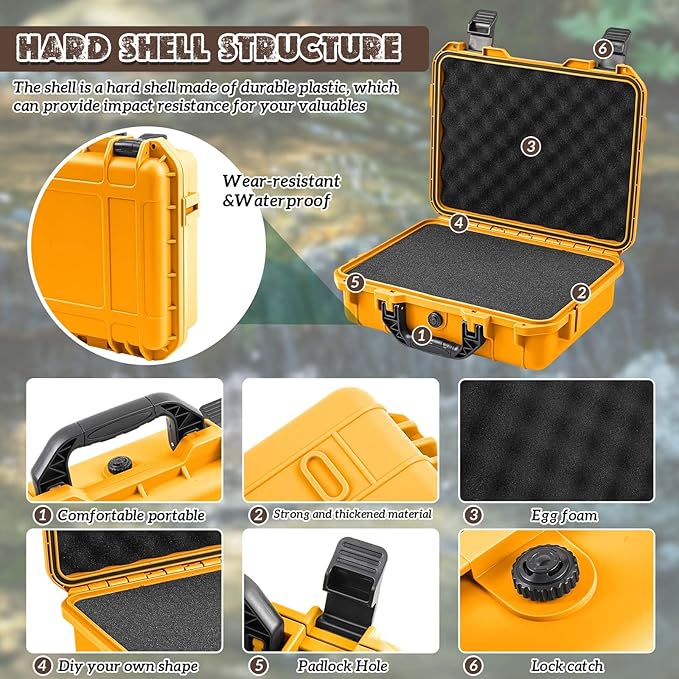 Relaxweex 1 Pcs 11.3 x 8.7 x 4.2 Inch Waterproof Hard Case with DIY Customizable Foam Insert Portable Protective Case with Knife for Camera Drones Equipments Tools Test Instruments (Yellow)