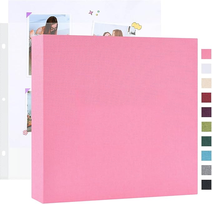 Mublalbum 10x10 Inch Large 3 Ring DIY Scrapbook Photo Album with 20 Plastic Sleeves 40 Pages Linen Cover Folder Binder for Baby Travel Wedding Anniversary and DIY Projects (Pink)