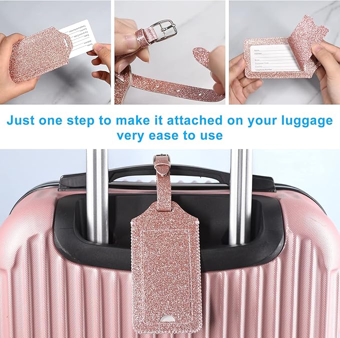 ACdream Luggage Tags 2 Pack, Leather Suitcase Identifiers, Cute Cruise ID Labels with Privacy Cover fits on Backpack for Women, Men, Adults, Kids, Travel Bag, Glitter Rose Gold
