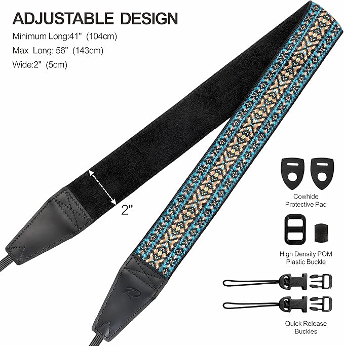 Padwa Lifestyle Boho Blue Camera Strap - 2" Full Grain Leather Ends Camera Straps for Photographers, Vintage Embroidered Cotton Weave Soft Suede Fabric Padded Strap Quick Release fits All Cameras