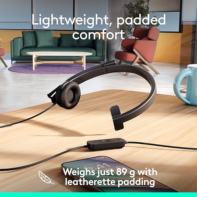 Logitech H570e USB Headset with Microphone for PC and Mac, USB-A Wired Headset with Mono Sound, Noise-Canceling Mics and Inline Controls, Certified for Microsoft Teams, Black