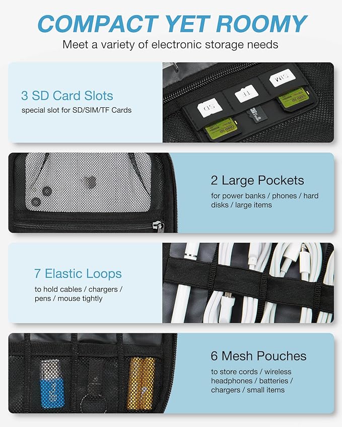 BAGSMART Large Electronics Travel Organizer Case, Tech Accessories Cord Storage Bag for Phone, Power Bank, SD Card, Cables, Grey