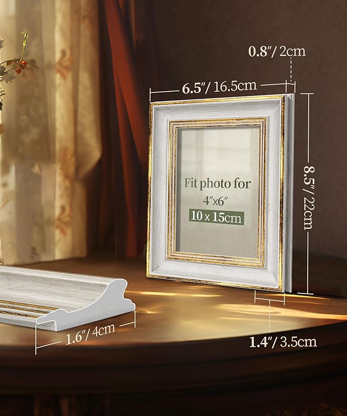 Afuly 4x6 Picture Frames Vintage Antique Photo Frame Gold White for Tabletop Single Display Wall Hanging Tabletop Distressed Wedding Birthday Gifts for Grandma Friends Family