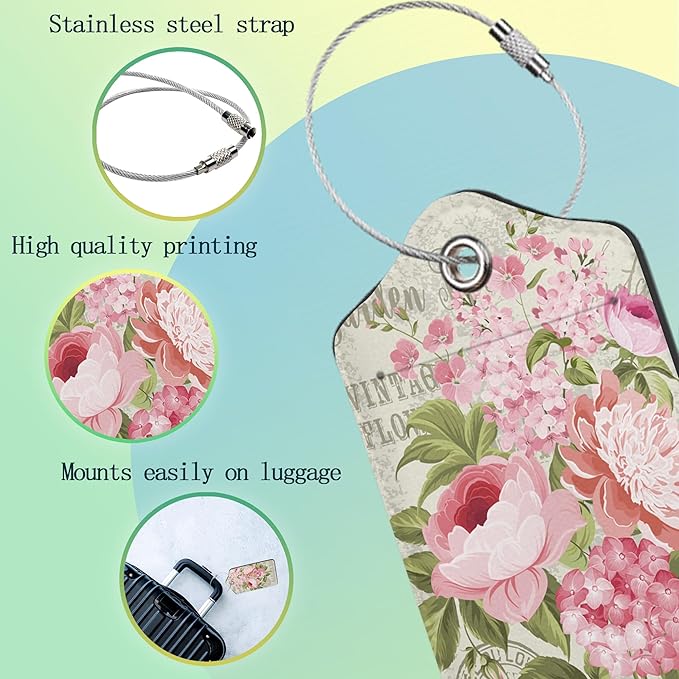 Luggage Tags for Suitcase,2 Pack Pink Rose Flower Vintage Luggage Tag Leather Privacy Cover ID Label with Stainless Steel Loop for Women Men Kids Girls Travel