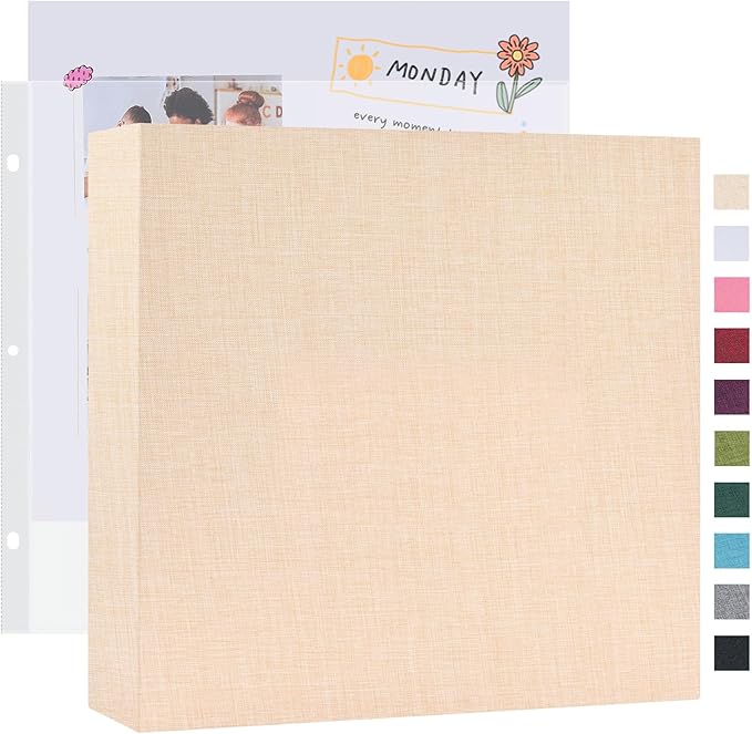 Mublalbum 12x12 Inch Large 3 Ring DIY Scrapbook Photo Album with 40 Plastic Sleeves 80 Pages Linen Cover Folder Binder for Baby Travel Wedding Couple Anniversary and DIY Projects (Beige)