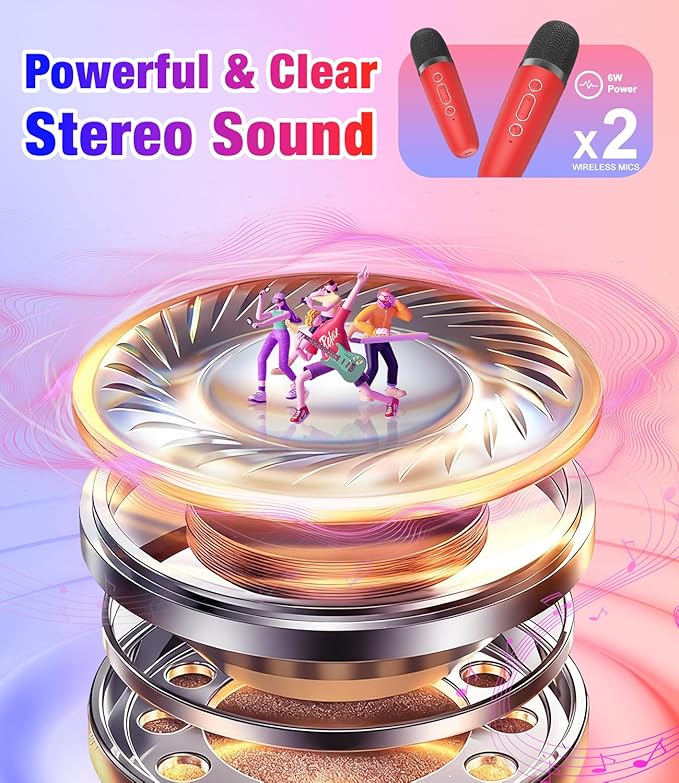 Mini Karaoke Machine, Portable Bluetooth Speaker with 2 Wireless Microphones for Kids & Adults, Karaoke Microphone with LED Lights, Gifts for Girls & Boys_Red
