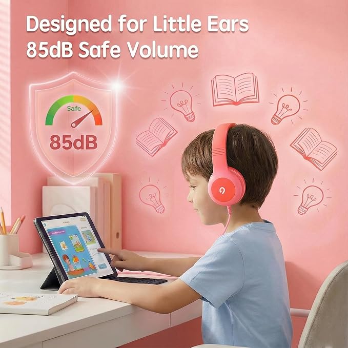 Wired Kids Headphones with USB C Plug, 85dB Safe Volume, Adjustable Headband, Tangle-Free Cord Headphones for School, Tablet, Travel (Coral Red & Soft Peach, Without Microphone)