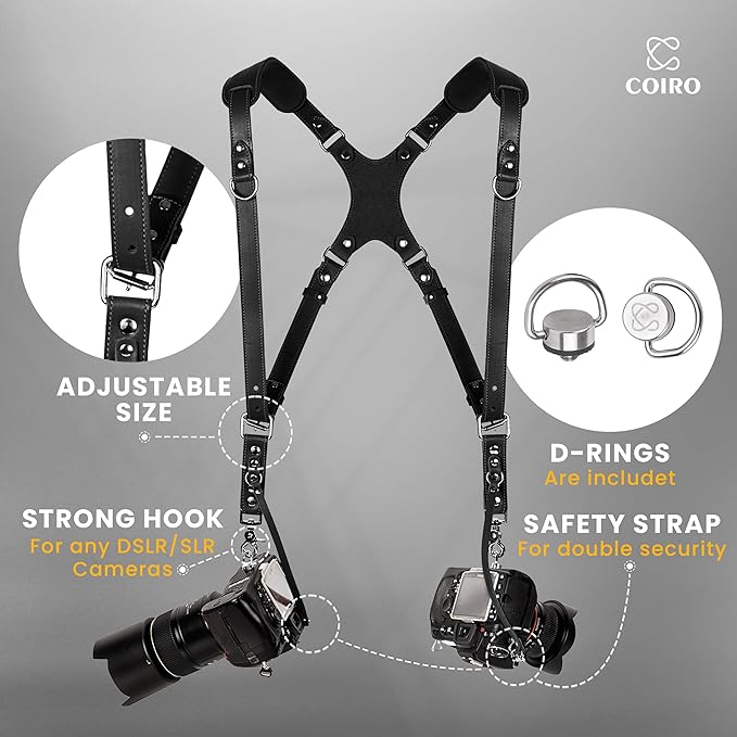 C Coiro Camera Harness for 2 Cameras Dual Shoulder Leather Camera Strap for DSLR/SLR, Camera Straps for Photographers