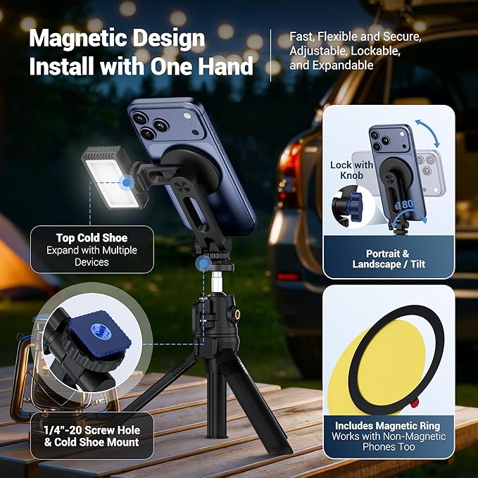 JJC Magnetic Phone Tripod Mount Adapter for Magsafe iPhone 17 16 15 14 & More Smartphones, Camera Phone Holder with Cold Shoe & 1/4’’-20 Screw Hole, Magnet Shoe Holder Camera Accessories