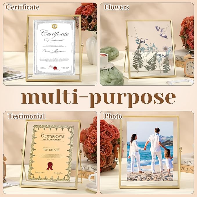Hoteam 12 Pack 8 x 10 Inch Gold Floating Frame for Photo 6 x 8 Inch, Glass Floating Picture Frame Collection Vintage Metal Minimal Ornate Easel for Wedding Gift Pictures Photos Desk Tabletop Display