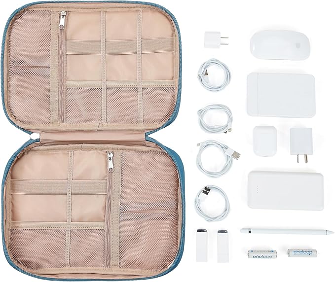 NISHEL Travel Cord Organizer Case, Tech Electronic Bag, Essentials for Charger, Cable, Phone, Hard Drive, USB, SD Card, Lake-Blue