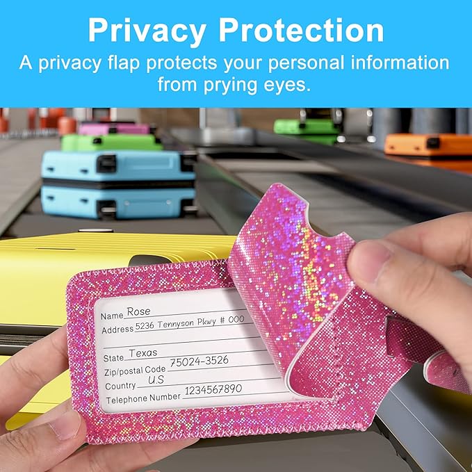 ACdream Luggage Tags 2 Pack, Leather Suitcase Tags Identifiers, Cute Cruise ID Labels with Privacy Cover fits on Backpack, Travel Bag, for Women, Men, Adults, Kids, Hot Pink Glitter