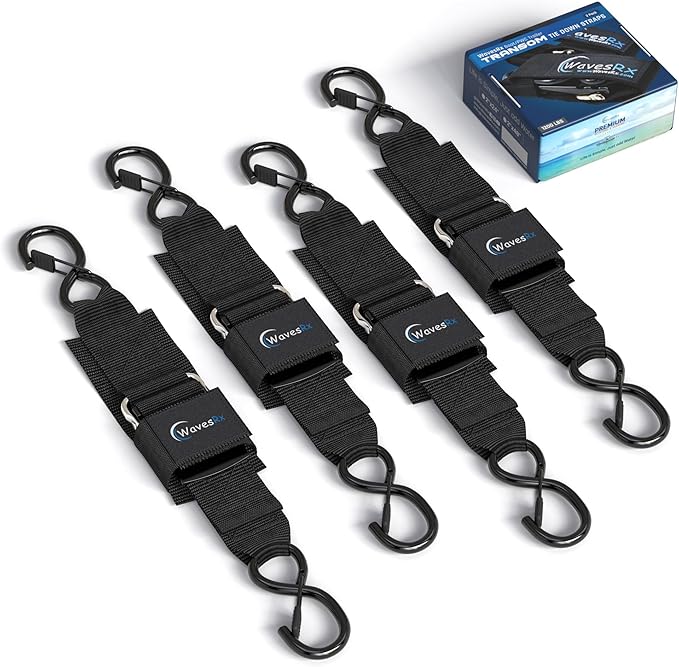 WavesRx Premium Boat & Jet Ski Trailer Transom Straps - Marine Tie Downs - Adjustable via Quick Release Buckle - Must Have Boating Accessories for Safe and Secure Transportation of Your Watercraft