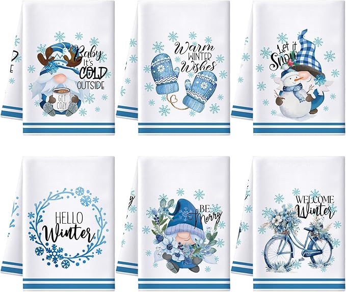 Preboun 6 Pcs Hello Winter Kitchen Towels Snowman Gnome Dish Blue Snowflake Tea Christmas Hand Drying Towels Baking Cooking Cloth for Home Kitchen Bathroom Decor