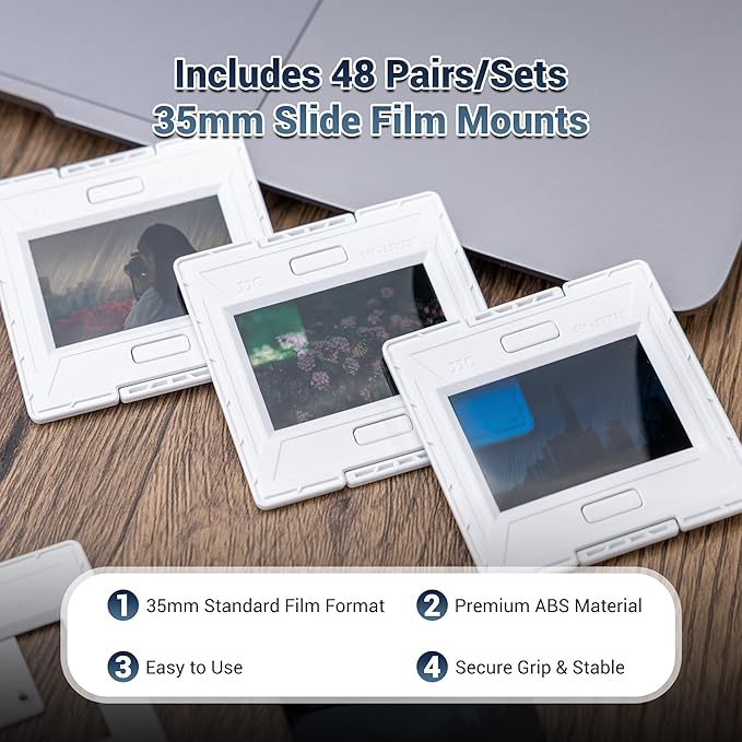 JJC 35mm Slide Storage Box Kit - Archival Safe Pull-Out Case Holds 96 Mounted Slides, with 12 Acid-Free Pages & 48 Empty Slide Mounts for Archiving & Lightbox Viewing