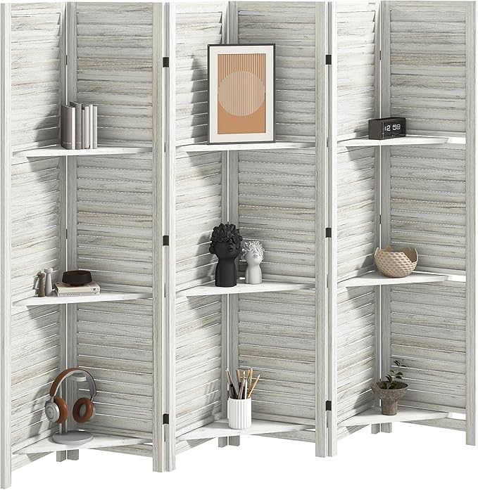 HOMCOM Room Divider, 6 Panel 67" Tall Wood Privacy Screen with 3 Display Shelves, and Folding Storage for Bedroom or Home Office, Distressed White
