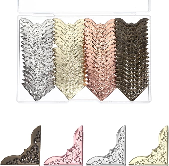 Matwsec 100PCS Metal Book Corners Book Corner Protectors with a Storage Box for Scrapbook Photo Album Notebook Diary Folder Corner Decorative Triangle Carved Frame Angle