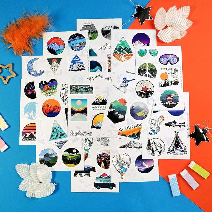 BulbaCraft 100 Pcs Mountain Stickers for Water Bottle, Outdoor Stickers, Camping Decals, Nature Decals, Party Supplies Camping Theme, Gifts for Women & Men