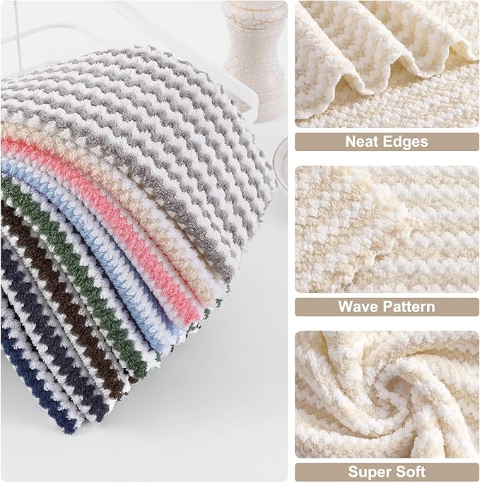 Homaxy Kitchen Towels(12 Pack, 10 x 20 inches), Ultra Soft and Absorbent Dish Towels, Reusable Fast Drying Microfiber Cleaning Cloth, Coral Velvet Wave Design No-lint, Beige