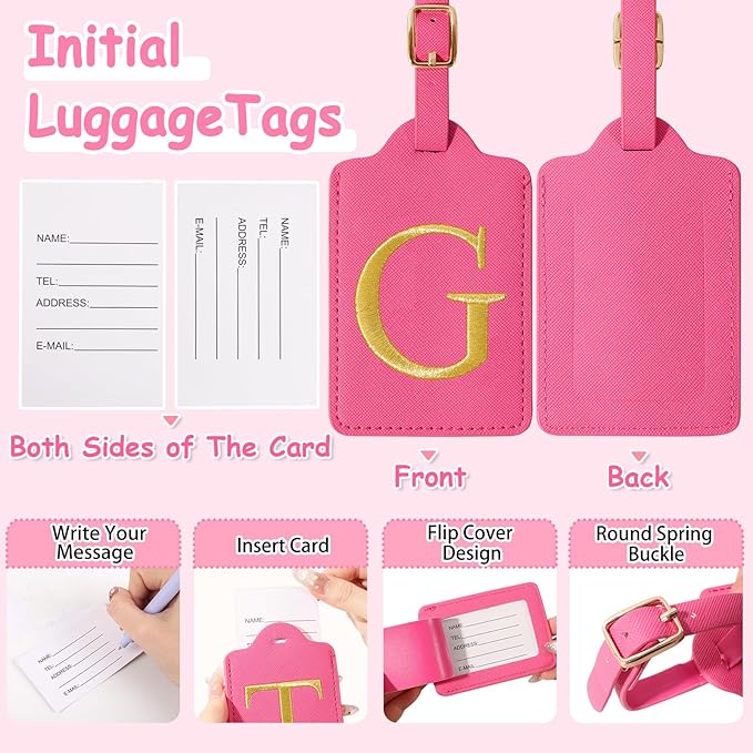 Initial Luggage Tags for Suitcases, Cute Embroidered Letter Luggage Bag Suitcase Identifier Name Baggage Tag, PU Leather Travel Luggage Tags, Bag Tags for Men Women Kids Luggage Handbags(Rosered G)