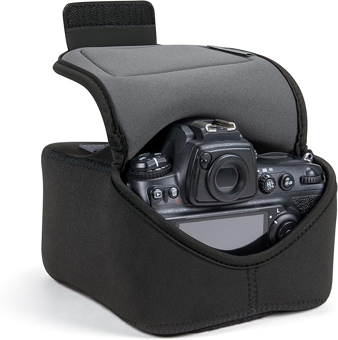 USA Gear Camera Sleeve (Large) for Mid-Size SLRs Compatible with Sony A7 V, Canon EOS R6 Mark II, Nikon Z50II & more - Padded Neoprene DSLR Case with Zipper Accessory Pocket & Belt Loop (Black)