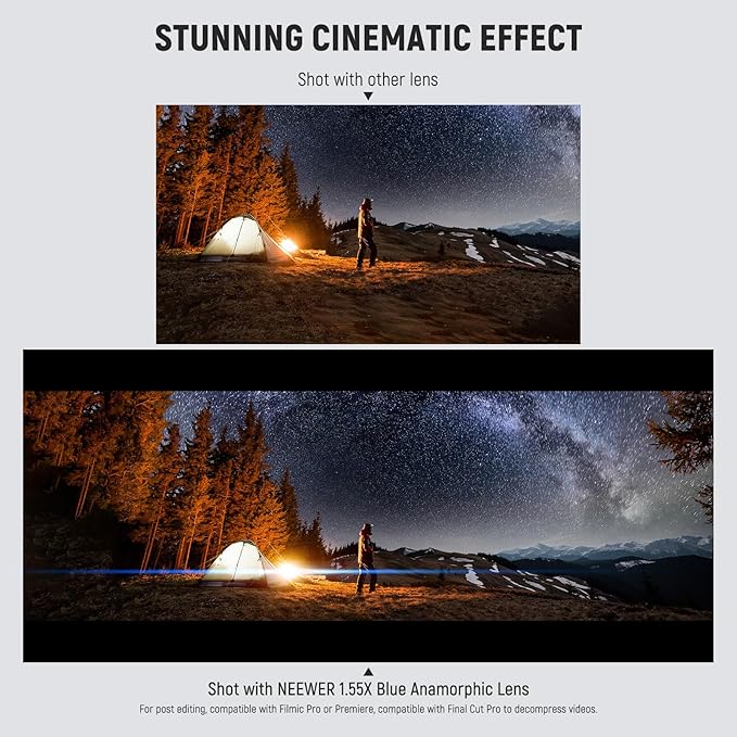 NEEWER 1.55X Blue Flare Anamorphic Phone Camera Lens with 17mm Threaded Clip, 4 Elements 4 Groups 2.4:1 Wide Screen Cinematic Mobile Photography Effect Compatible with iPhone Android Samsung, LS-75