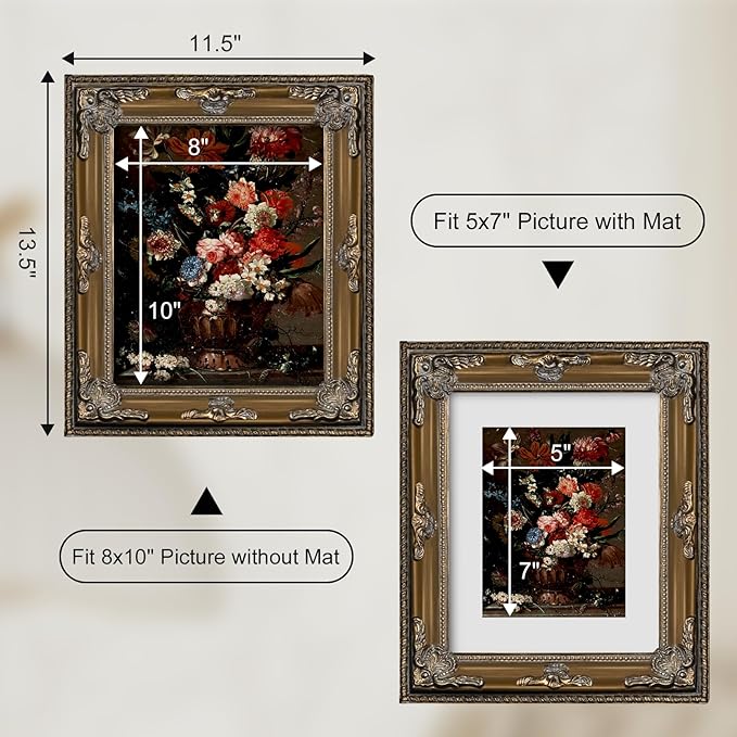 8x10 Gold Vintage Picture Frame Ornate Baroque Gothic Victorian Frames with Mat for 5x7 or 8 x 10 Photos, Tabletop or Wall Display, Antique Home Decor Accent