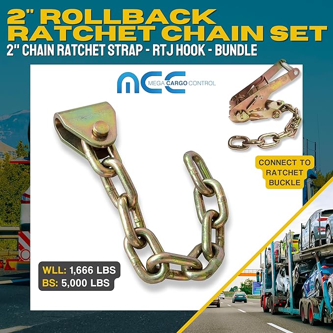 Mega Cargo Control 4 Pack 2" Chain Ratchet Strap w/RTJ Hook Tie Down Rollback, Bundle for Tow Truck Car Hauler