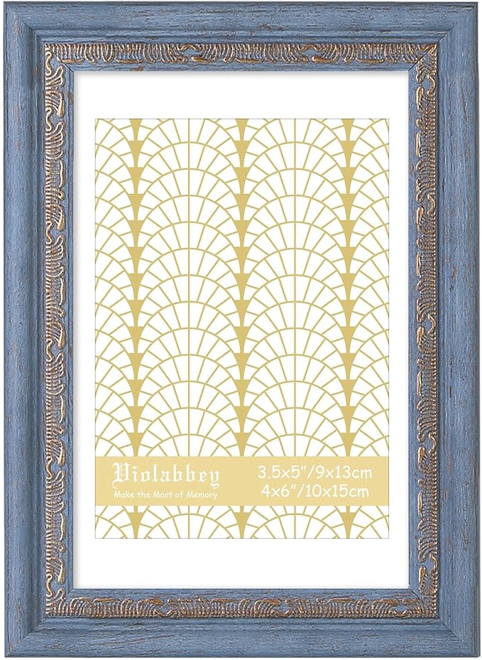 VIOLABBEY 4x6 Picture Frame Blue Gold, Display 3.5x5 Photo with Mat or 4x6 without Mat, Ornate Vintage 4 x 6 Frame for Wall Decor or Tabletop Display, Blue Gold