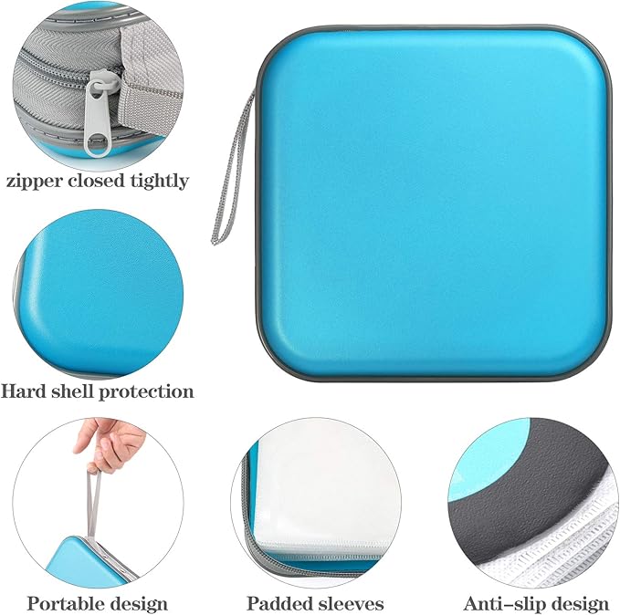 alavisxf xx CD Case, 48 Capacity Hard Plastic DVD Case Portable Zipper CD Case Holder Large Storage Disc Wallet Bag for Car Home Travel (Sky Blue, 48 Capacity)