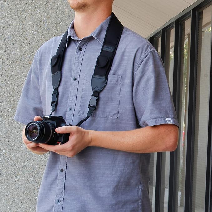 USA Gear TrueSHOT Camera Strap Neoprene Camera Straps - Padded Neck Strap, Pockets, and Quick Release Buckles - Compatible with Canon, Nikon, Sony and More DSLR and Mirrorless Cameras (Black)