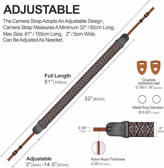 Padwa Lifestyle Mystic Grey Embroidered Camera Strap - Double Layer Cowhide Ends,2" Cotton Woven Camera Straps, Adjustable Vintage Neck&Shoulder Strap for All DSLR Cameras,Great Gift for Photographers