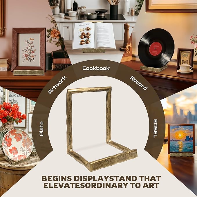 BEGINS Plate Stands for Display Hand-Forged, Solid Vintage 8-Inch Plate Display Stand, Decorative Metal Plate Holder for Book, Platter, Plaque, Photo Frame, Tabletop Art (Gold)