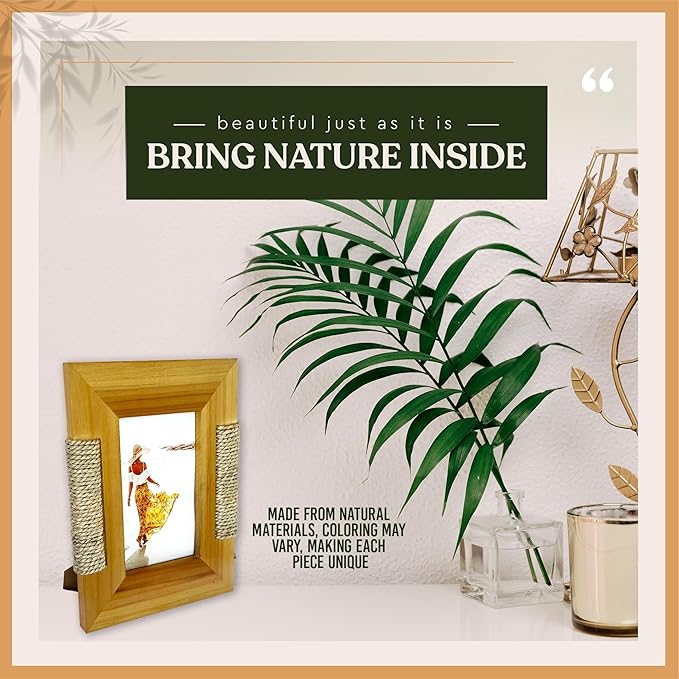 BoHo Wicker Accent Solid Wood Picture Frame for 4x6 Photo or Artwork - Bohemian, Coastal or Beach Style, Wall & Tabletop Decor Picture Frame, All Natural Wood & Seagrass - Golden Brown