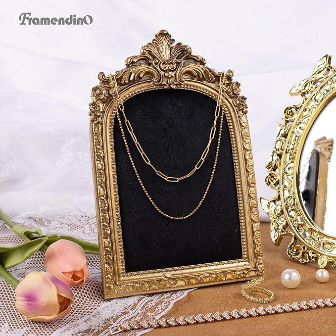Framendino, Gold Resin Jewelry Display Stand Frame Organizer Vintage Velvet Storage Box for Necklace Earring Photography Props Women Gifts