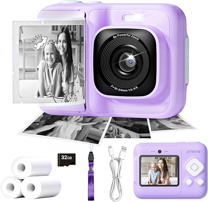 ETIKEZ Kids Camera, 1080P Instant Digital Print Camera for Kids, Christmas Birthday Gifts for 4 5 6 7 8 9 10 Year Old Girls Boys, Portable Toy with 32GB SD Card & 3 Rolls Printing Paper, Purple