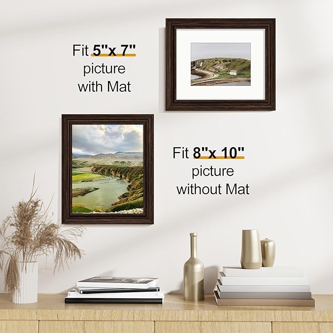 Vittanly 8x10 Picture Frames Set of 2, Ornate Vintage Photo Frame for Wall or Tabletop, Display 5x7 Pictures with Mat or 8x10 without Mat, Rustic Brown
