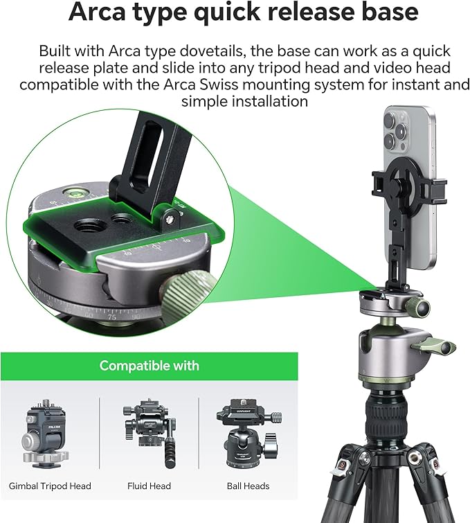 FANAUE Cell Phone Tripod Mount, Magnetic Aluminum Smartphone Stand Adapter with Cold Shoe Arca Swiss QR Base Plate,1/4" & 3/8'' Screw Phone Holder Mount for Video Live Streaming Vlogging