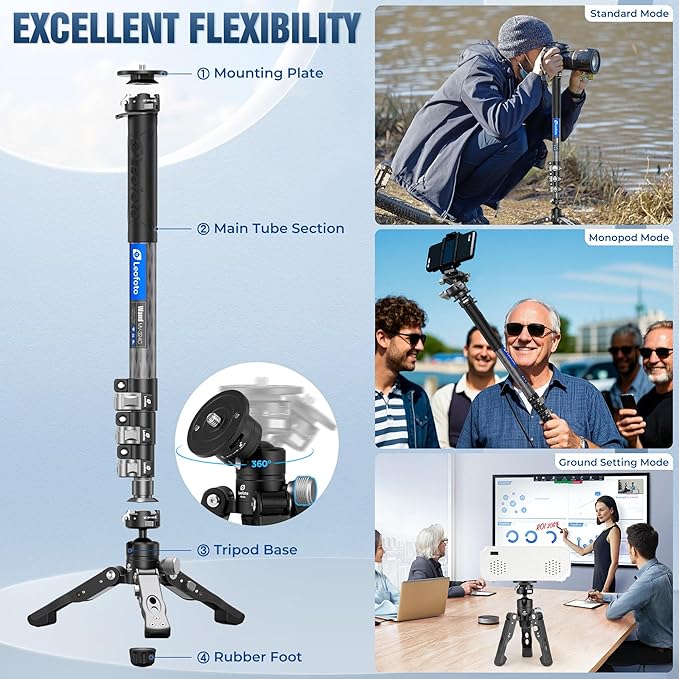 LEOFOTO Carbon Fiber Monopod with Feet, 59" Portable Lightweight Travel Monopod for DSLR Camera, 360° Panorama, 4 Leg Section, Modular 3 in 1