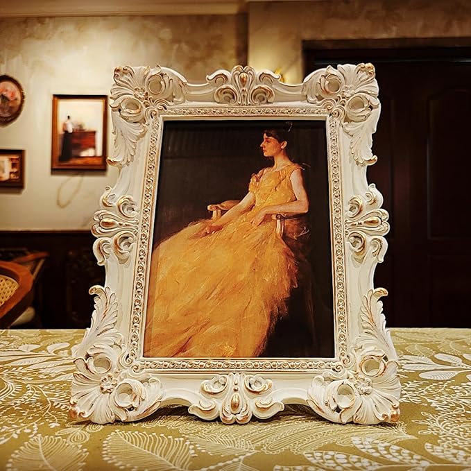CISOO 5x7 Vintage Picture Frame Antique Ornate White and Gold Photo Frame, for Table Top and Wall Display, Decorative Floral Design Retro Home Decor, Photo Gallery Art