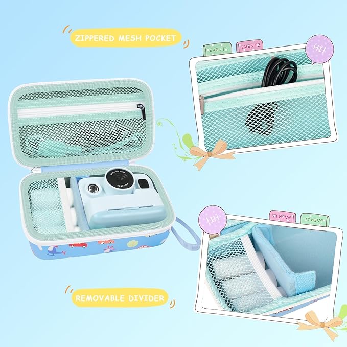 Case Compatible with DYLANTO for ESOXOFFORE for ETIKEZ for YTETCN for DUDUDRAGON Instant Print Camera, Kids Camera Storage for Accessories (Box Only) (Case and 3 Paper Rolls, Blue-Car)