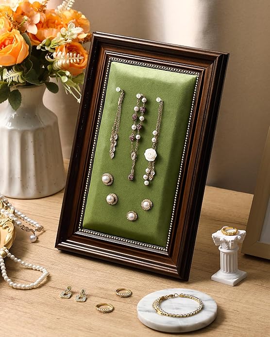 Vintage Jewelry Display Stand Necklace Earring Ring Holder 11.8 x 7.9 Inch Jewelry Tray Storage Photograph Prop Photo Frame with Green Velvet Backing for Selling Vendors Boutique Women Gift