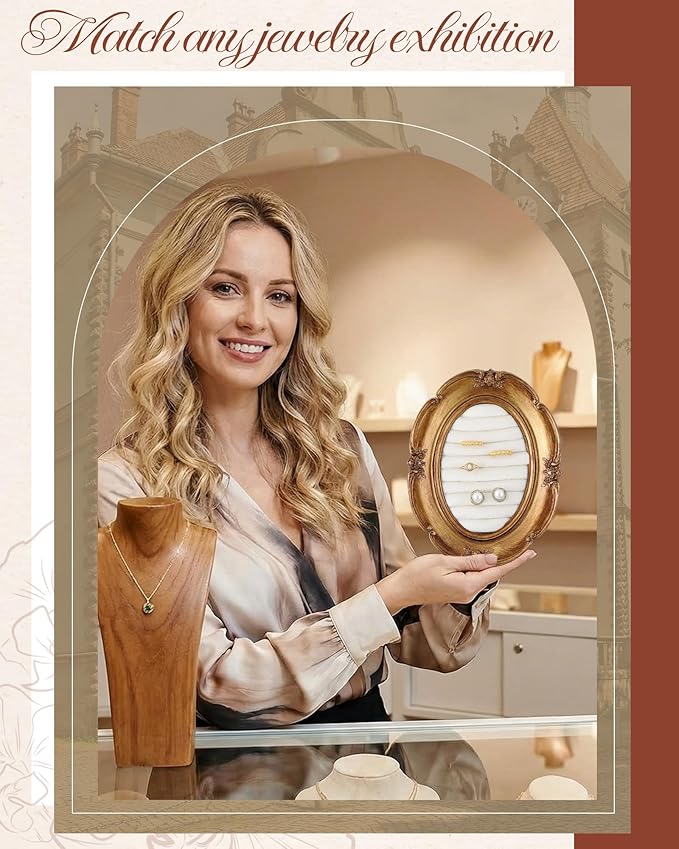 2 Pcs Gold Jewelry Display Stand Vintage Necklace Organizer Ring Holder Earring Tray Resin Jewelry Photography Props Frame with Velvet Backing for Gifts(White,Large,Small,Classical)