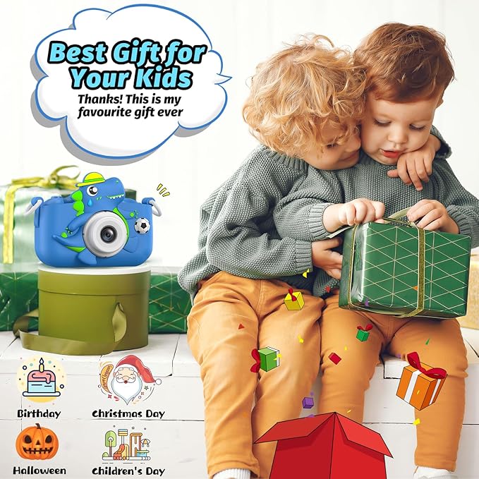 Dinosaur Kids Camera for Boys Girls, Toddler Digital Selfie Camera with Cute Protective Cover and 32G SD Card, Christmas Birthday Gifts Toys for 3 4 5 6 7 8 9 10 11 12 Years Old Little Girls and Boys