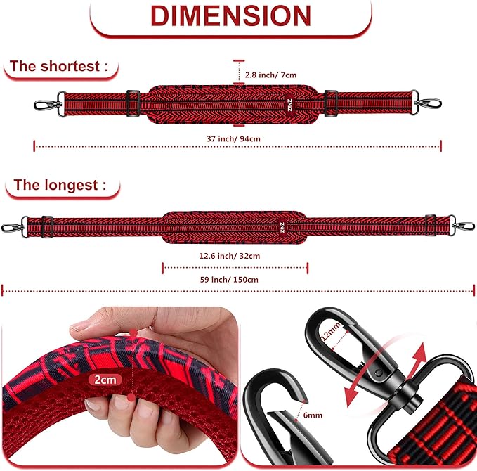 ZINMARK Shoulder Strap 59 inch, Extra-Thick Fixed Cushion Pad and Dual Clasps Universal Replacement Strap for Bags, Camera, Crossbody，Lawn mower -Black Red Jacquard