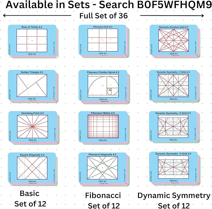 CLPA Fibonacci Golden Spiral Viewfinder: Credit Card-Sized Composition Grids for Video, Photography & Art in 4:3, 3:2, & 16:9