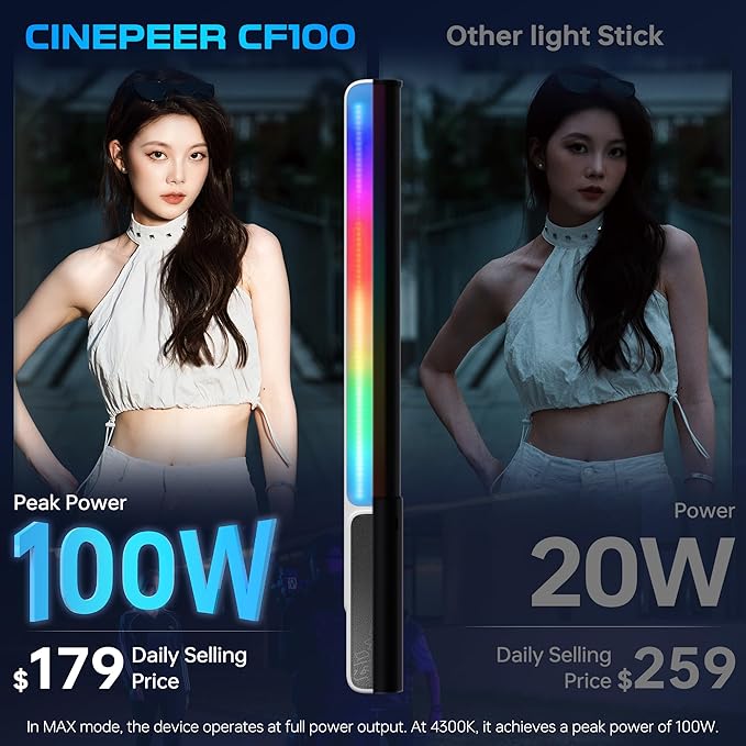 ZHIYUN CINEPEER CF100 100W RGB Light Stick Handheld LED Video Light Wand 2700K-6500K CRI 96+ TLCI 98+ Portable Fill Light with 6 Light Effect Continuous Output Photography Tube Combo