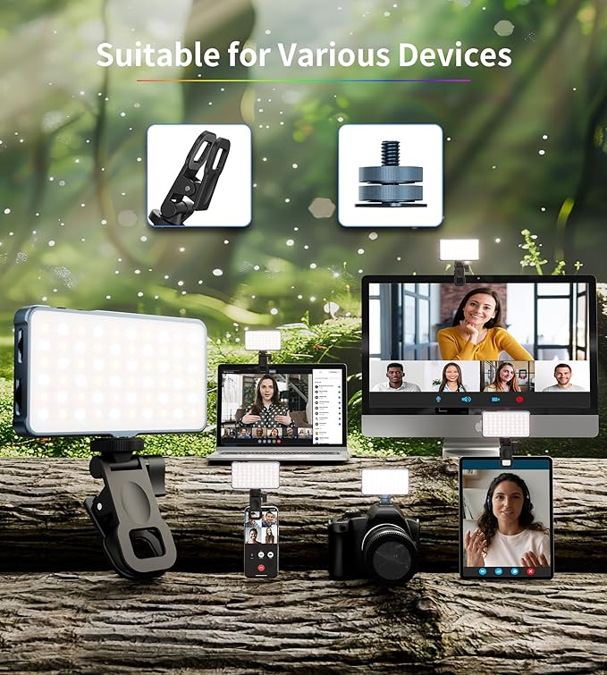 Selfie Light, 96 LED Phone Light with Metal Hotshoe & Clip, 1500mAh Rechargeable 360° Full Color 21 Scenes RGB Video Light for Phones, iPhone, Laptops, Cameras, Selfie, TikTok, Gifts for Men & Women